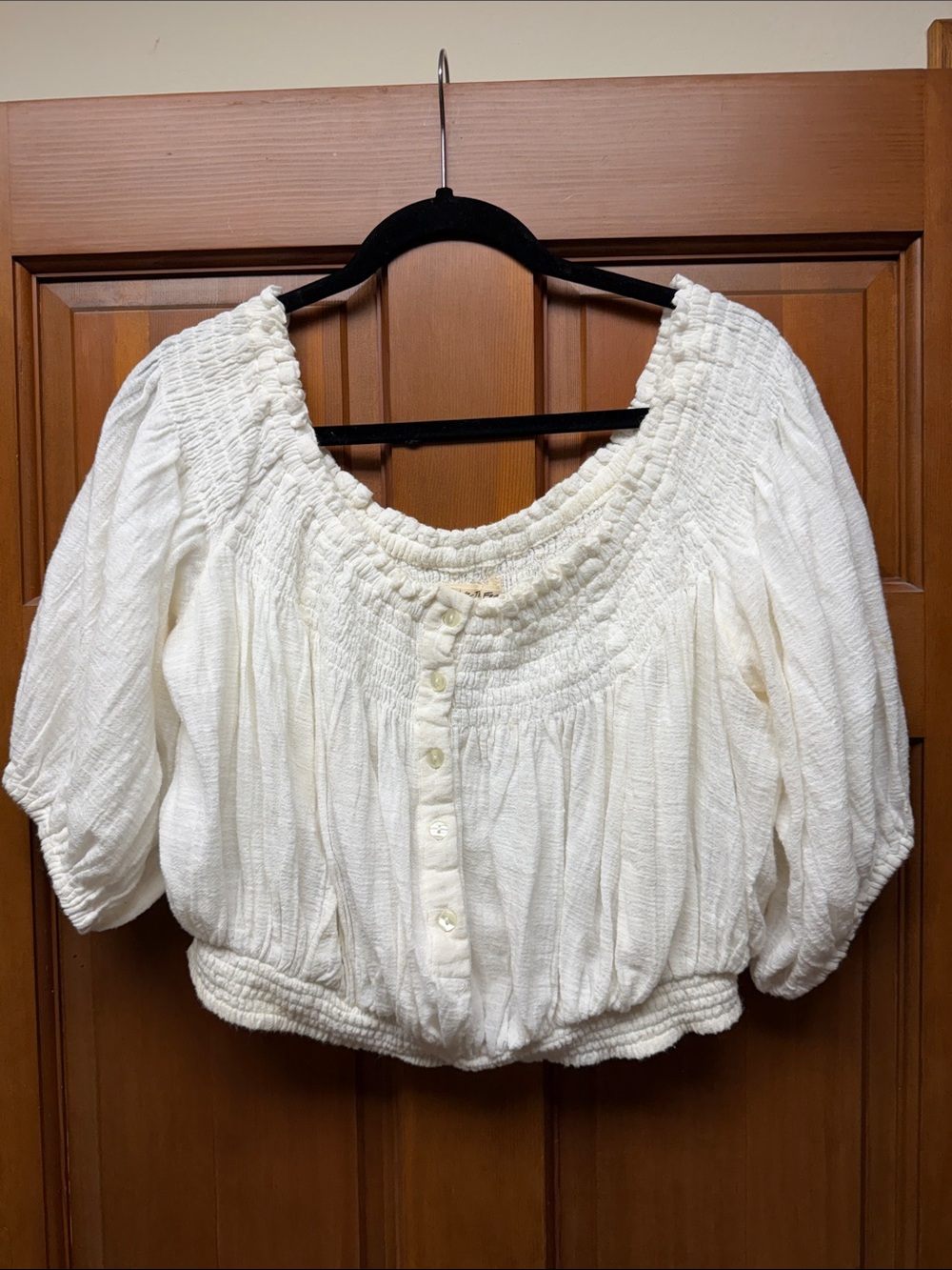 We The Free Off-White Smocked Peasant Button-Up Top